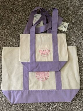 Trader Joe’s Lavender Accent Canvas Tote Bags; Cream&Lavender; 1 small/1big; NWT
